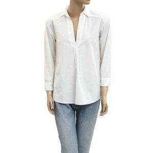 Anthropologie Long Sleeve Tunic Top Collared  V-Neck White XSP NWT 280974